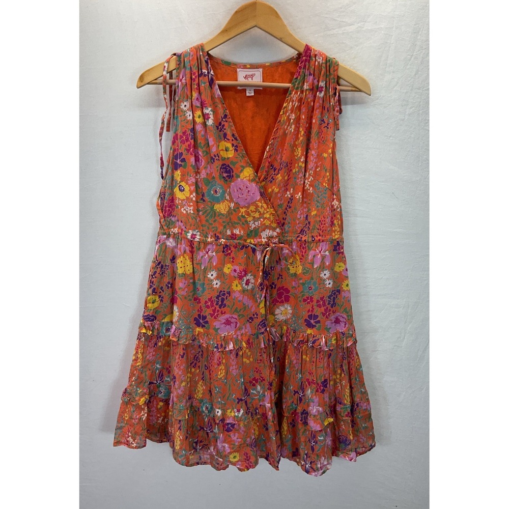 Banjanan Becca Sleeveless Tiered Dress Cotton Voile Orange Floral Mini Sz S